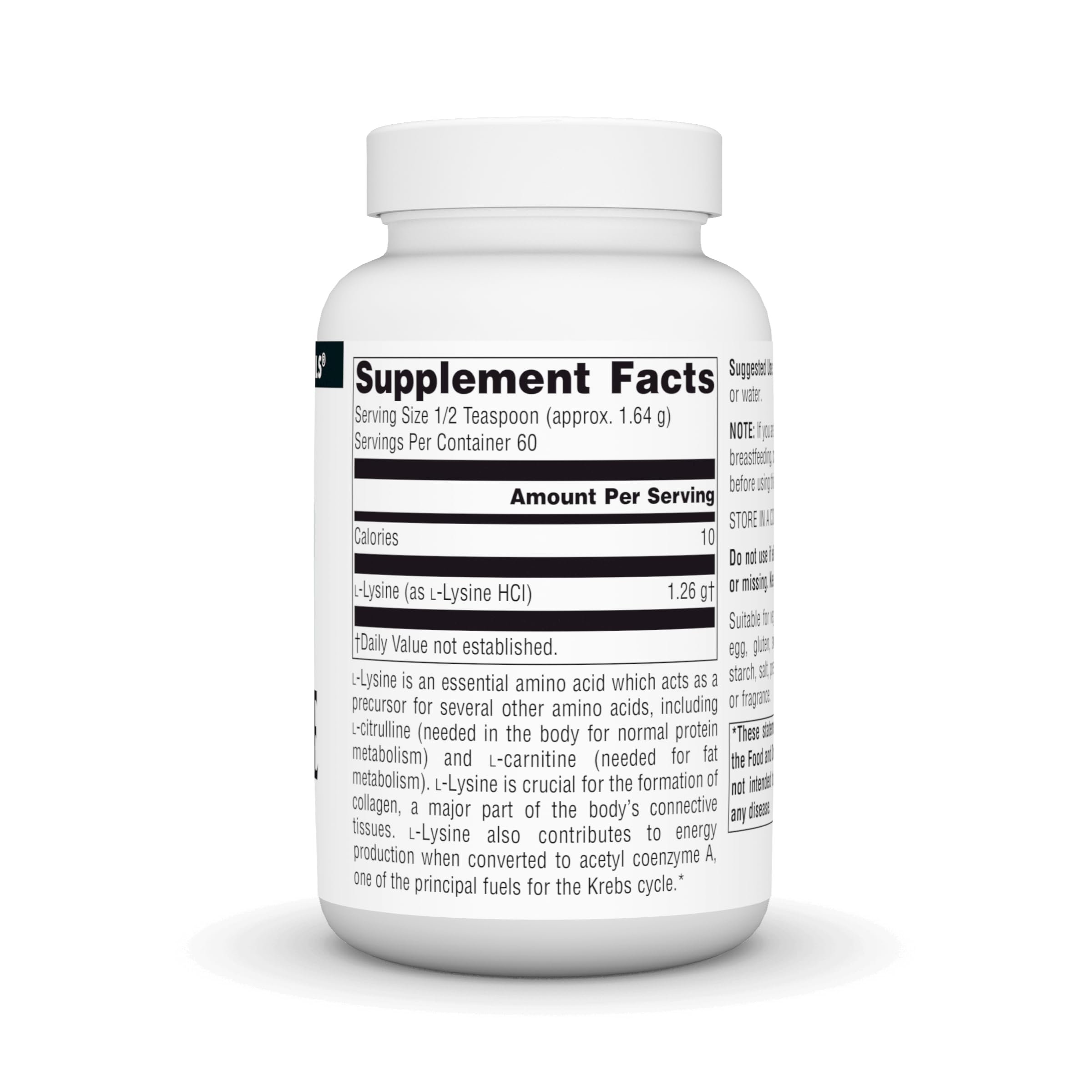 Source Naturals L-Lysine Free Form Powder scoop shows convenient daily dosing with juice or water.