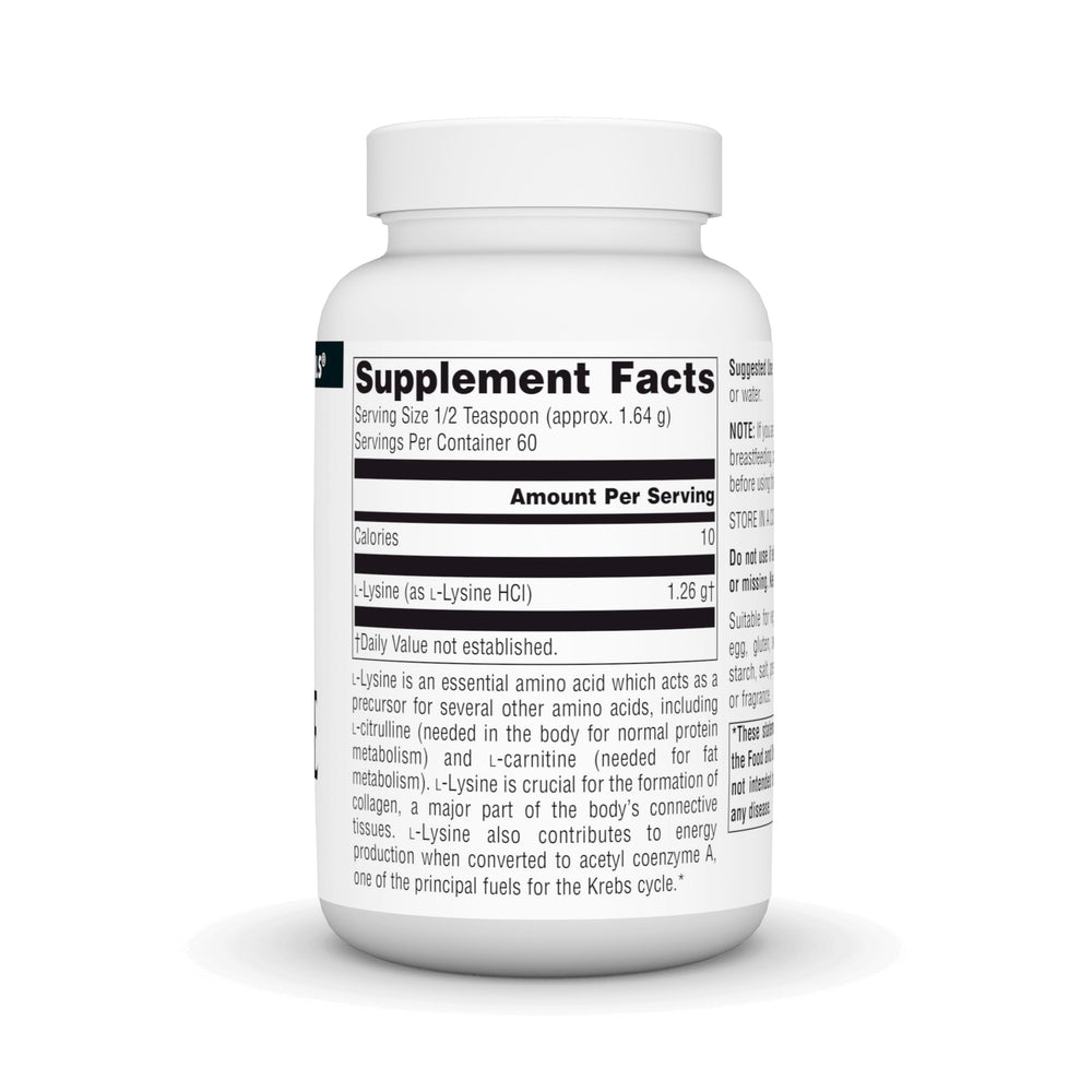 Source Naturals L-Lysine Free Form Powder scoop shows convenient daily dosing with juice or water.