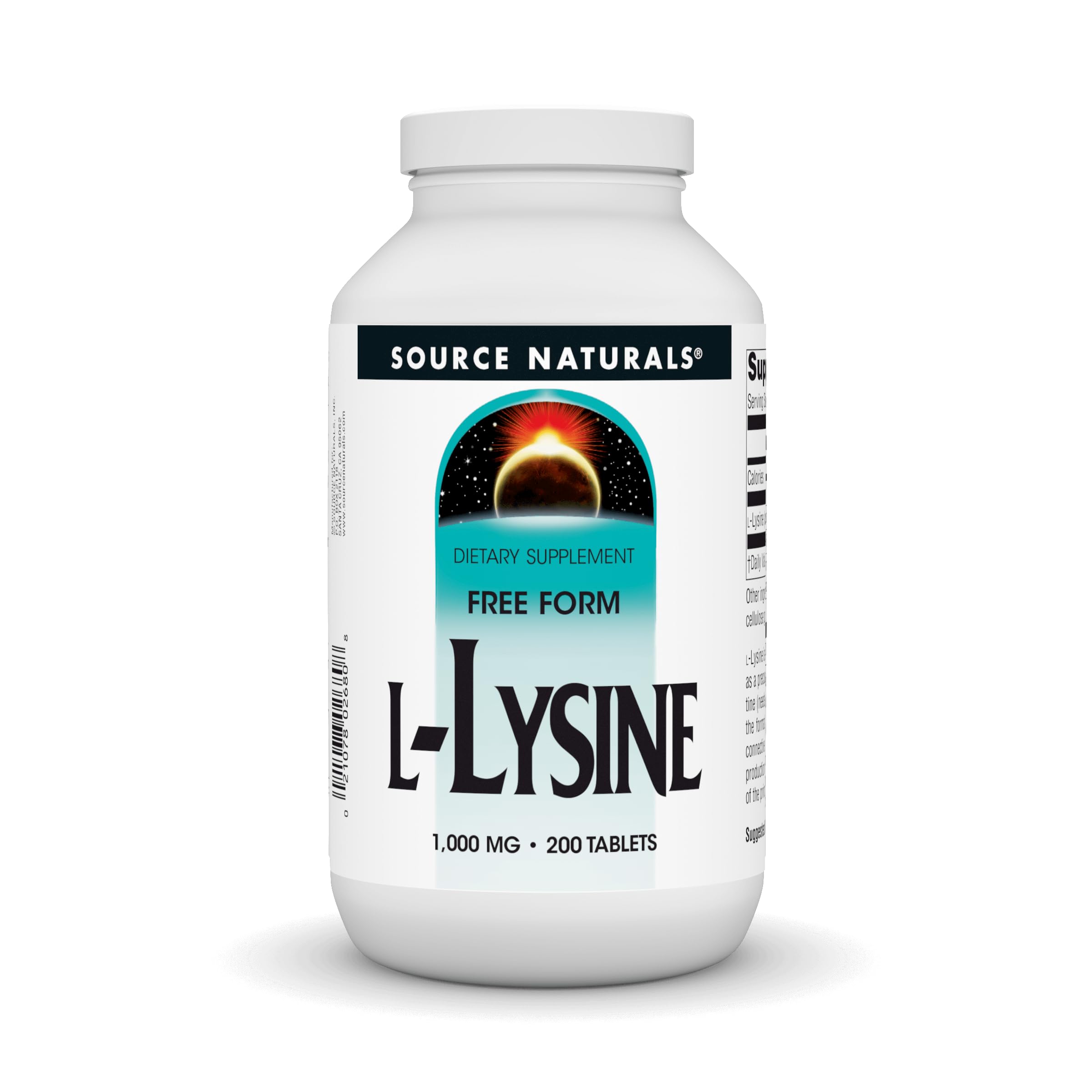 Source Naturals L-Lysine Free Form bottle, 200 tablets, ready for daily collagen support.