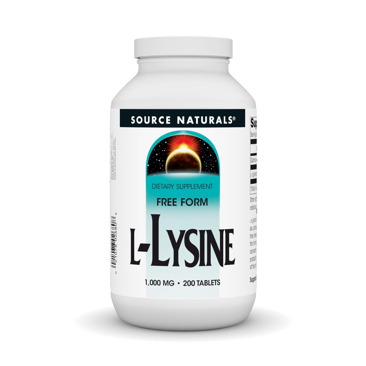 Source Naturals L-Lysine Free Form bottle, 200 tablets, ready for daily collagen support.