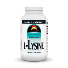 Source Naturals L-Lysine Free Form bottle, 200 tablets, ready for daily collagen support.