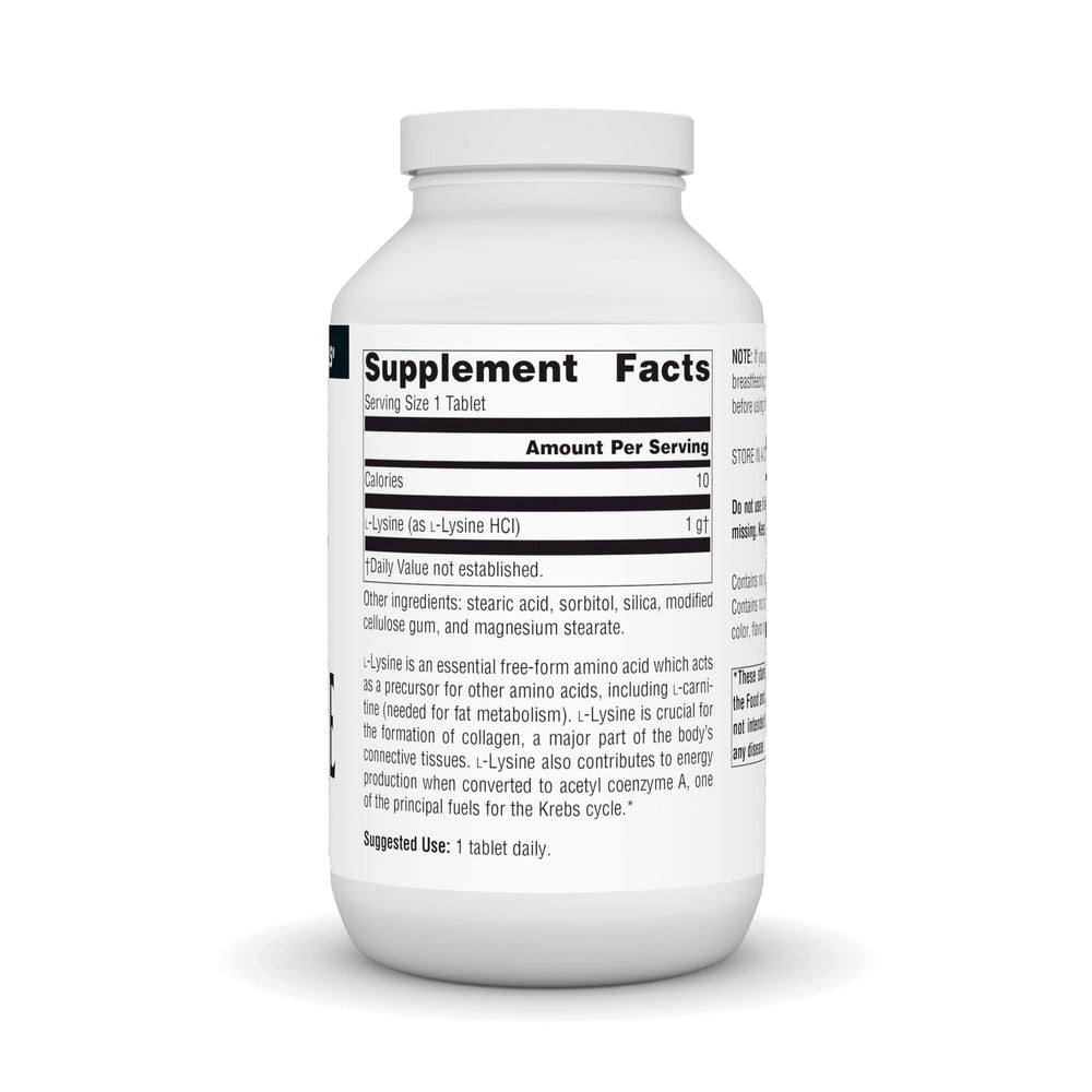 Close-up of Source Naturals L-Lysine Free Form tablets, 1000 mg strength.