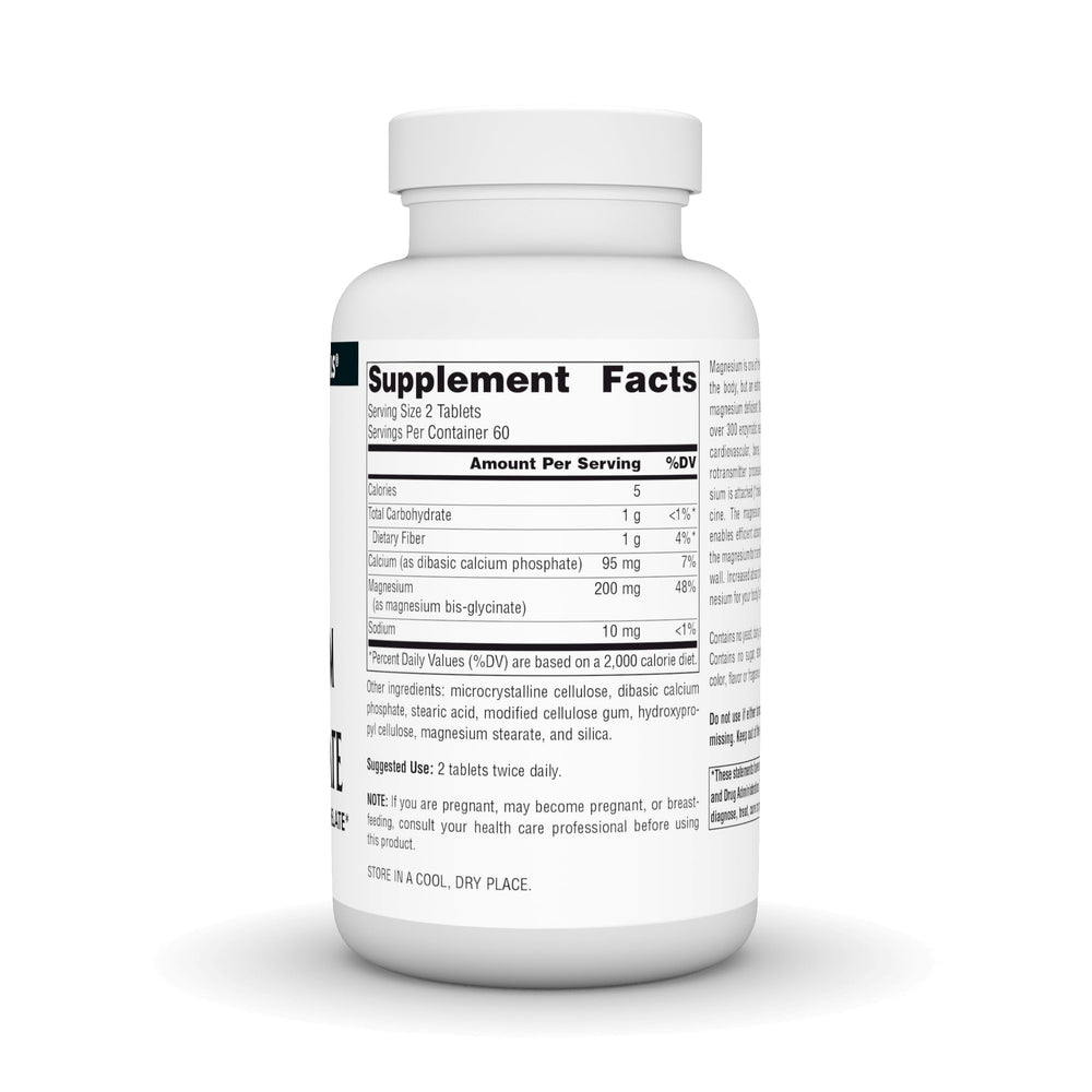 Source Naturals magnesium bis-glycinate bottle indicates daily use for wellness.