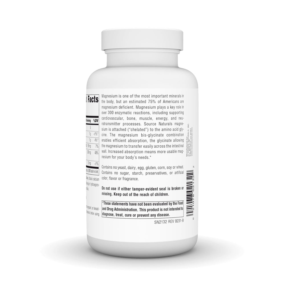 Source Naturals magnesium bis-glycinate label highlights chelated formula for absorption.