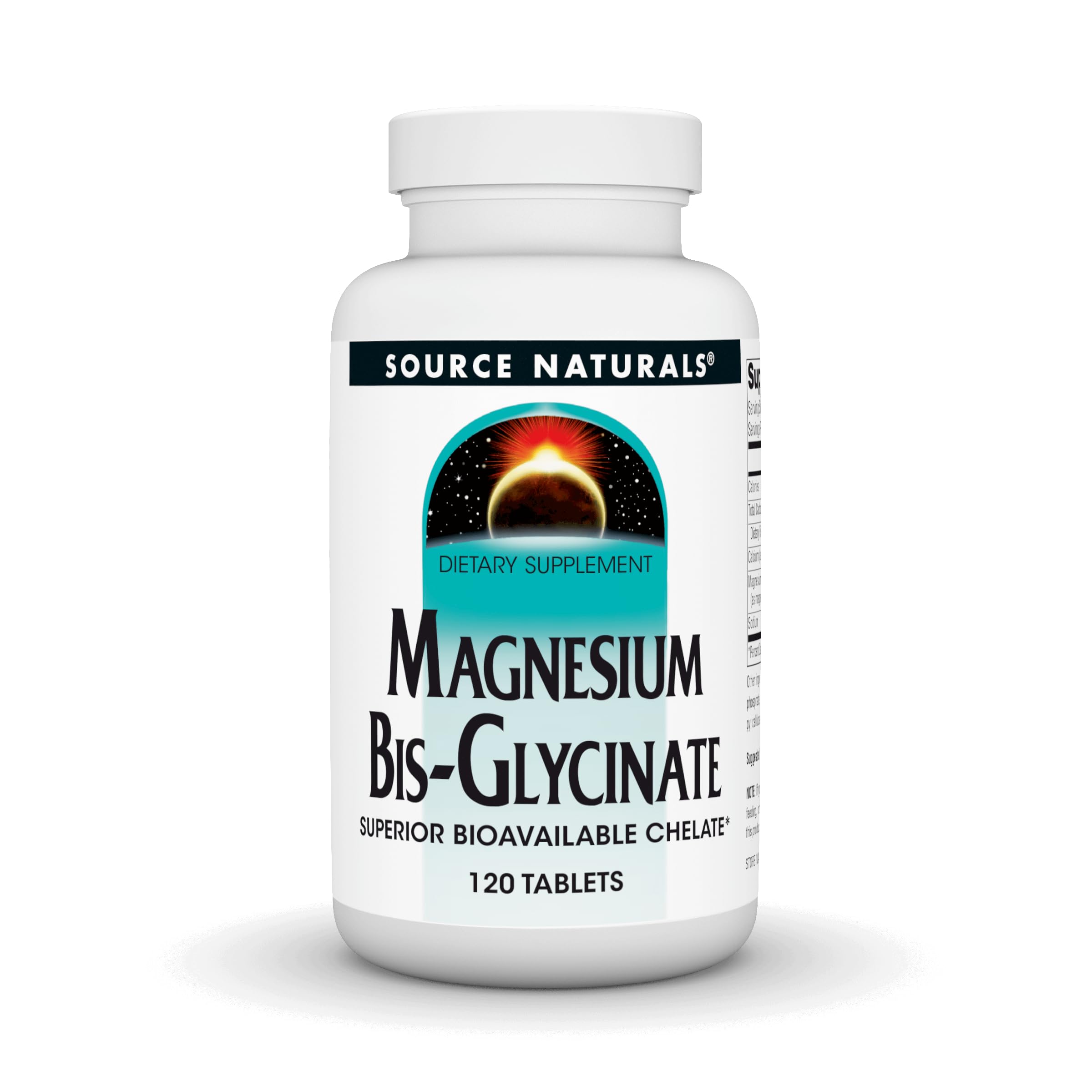 Source Naturals magnesium bis-glycinate tablets close-up shows absorption potential.