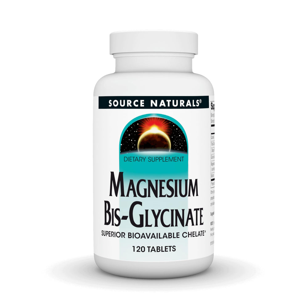 Source Naturals magnesium bis-glycinate tablets close-up shows absorption potential.