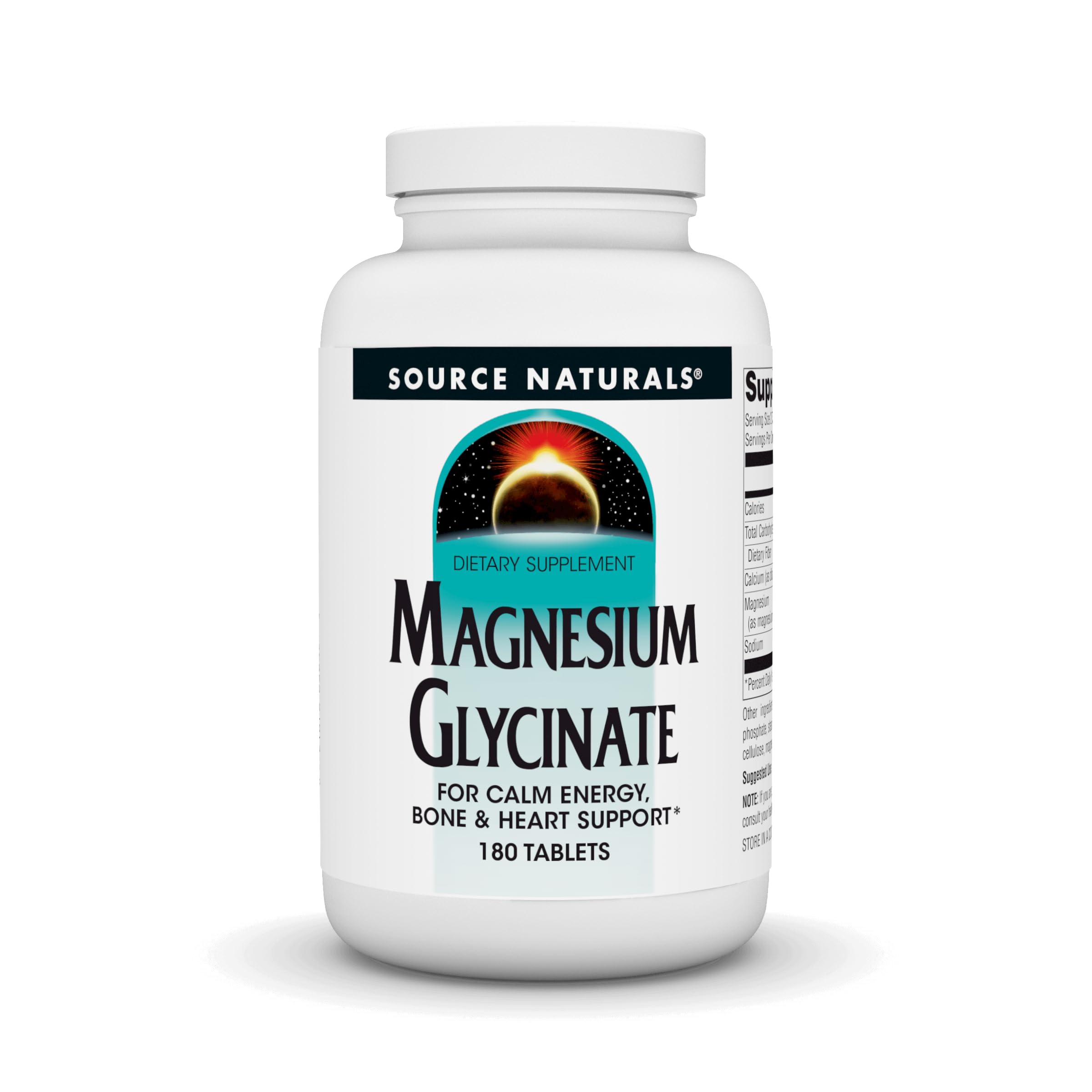 Source Naturals Magnesium Glycinate bottle highlighting high absorption for daily use.