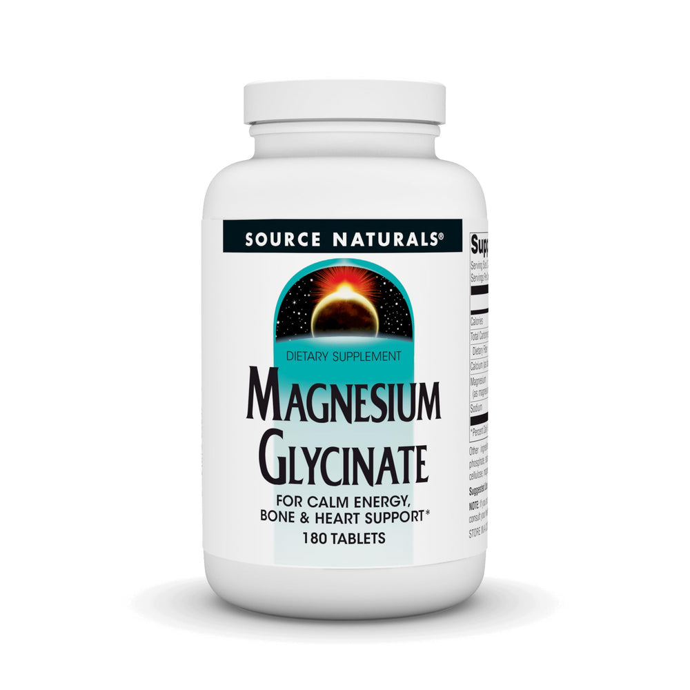 Source Naturals Magnesium Glycinate bottle highlighting high absorption for daily use.