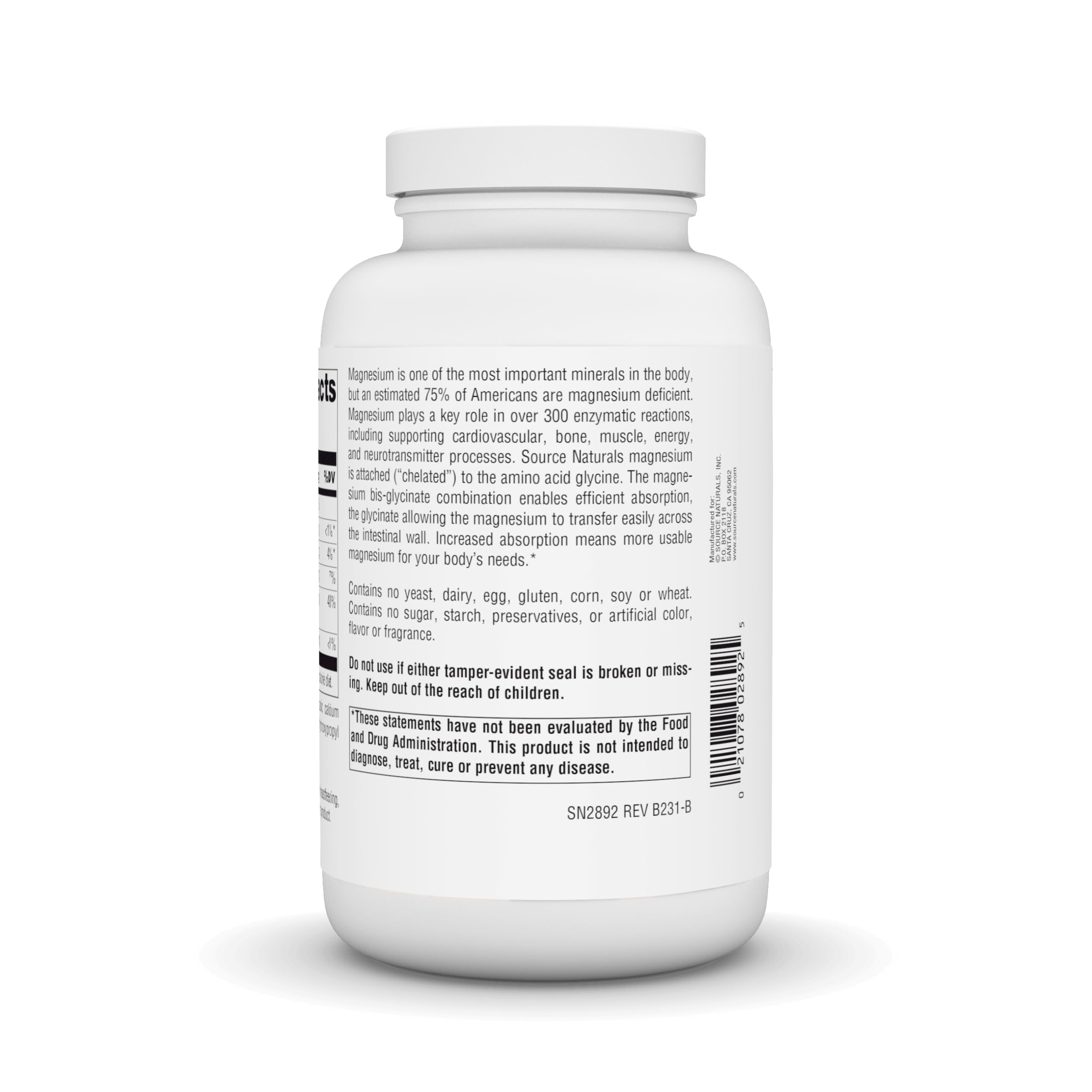 Close-up of the Source Naturals Magnesium Glycinate label showing the chelated form.