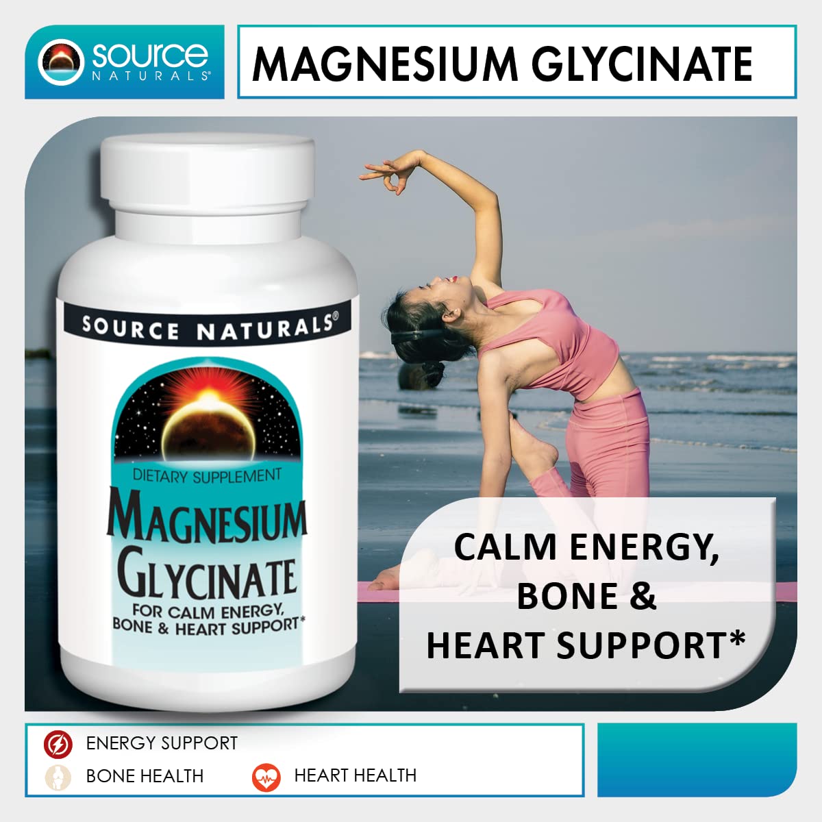 Packaging box of Source Naturals Magnesium Glycinate displayed on a clean surface.