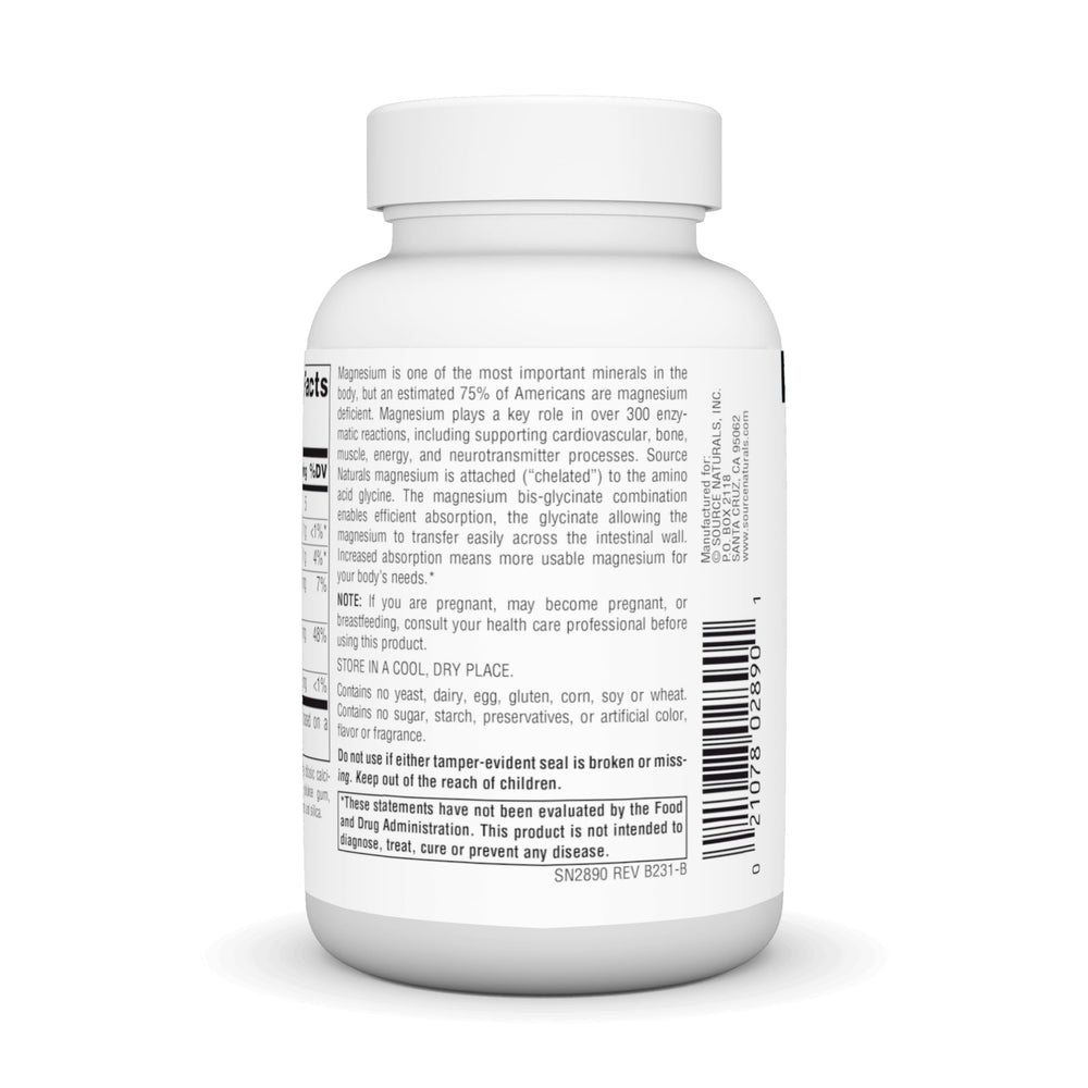 Source Naturals magnesium glycinate bottle pour showing convenient dosing for daily use