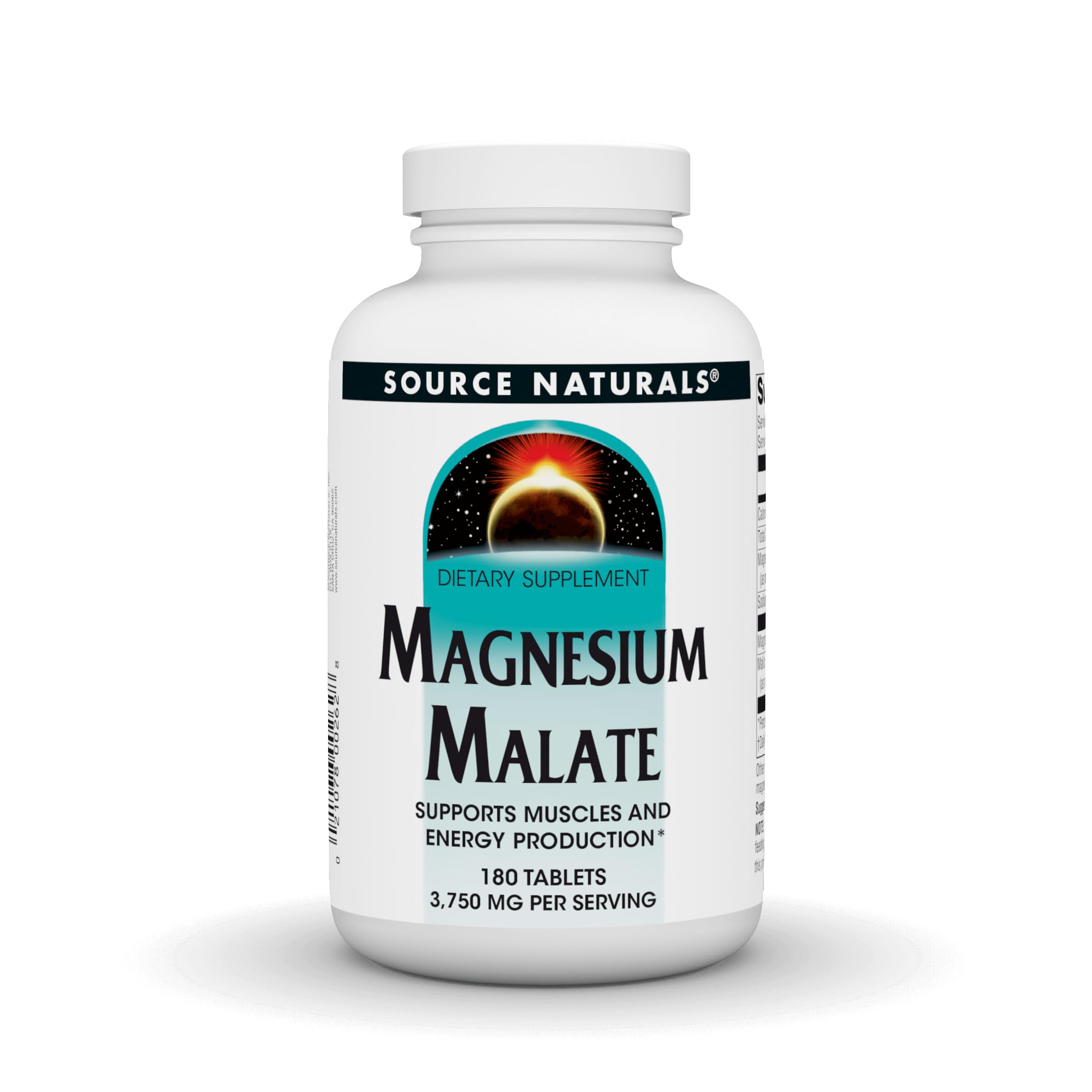 Source Naturals Magnesium Malate bottle front shows 3750mg per serving for mineral support.