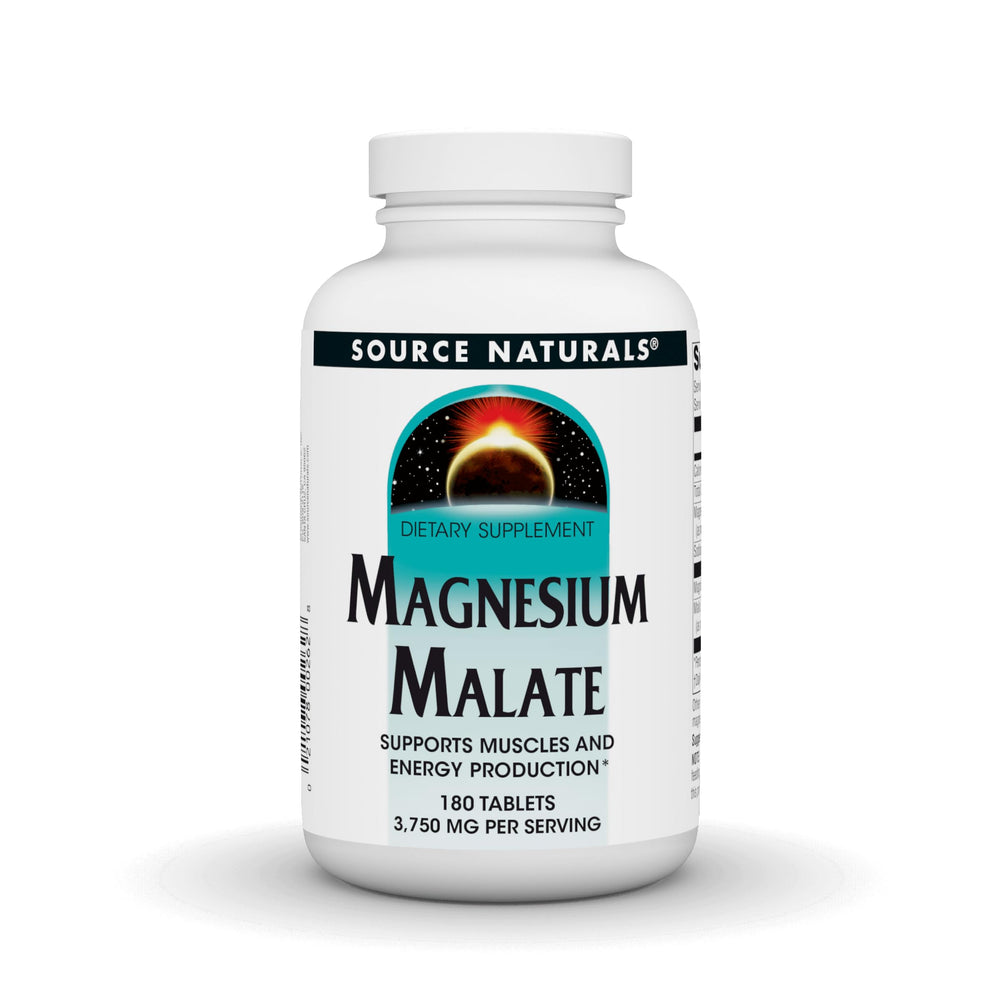 Source Naturals Magnesium Malate bottle front shows 3750mg per serving for mineral support.