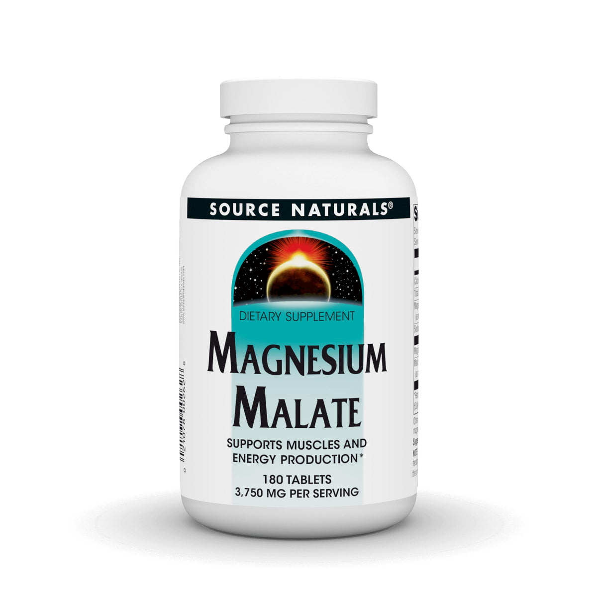 Source Naturals Magnesium Malate bottle front shows 3750mg per serving for mineral support.