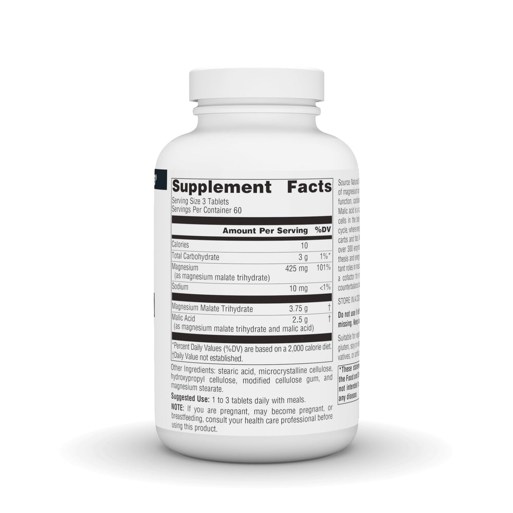 Source Naturals Magnesium Malate bottle back label with usage guidelines and allergen details.