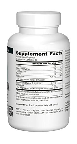 Source Naturals Magnesium Malate 625mg bottle pour showing capsules for daily supplementation.