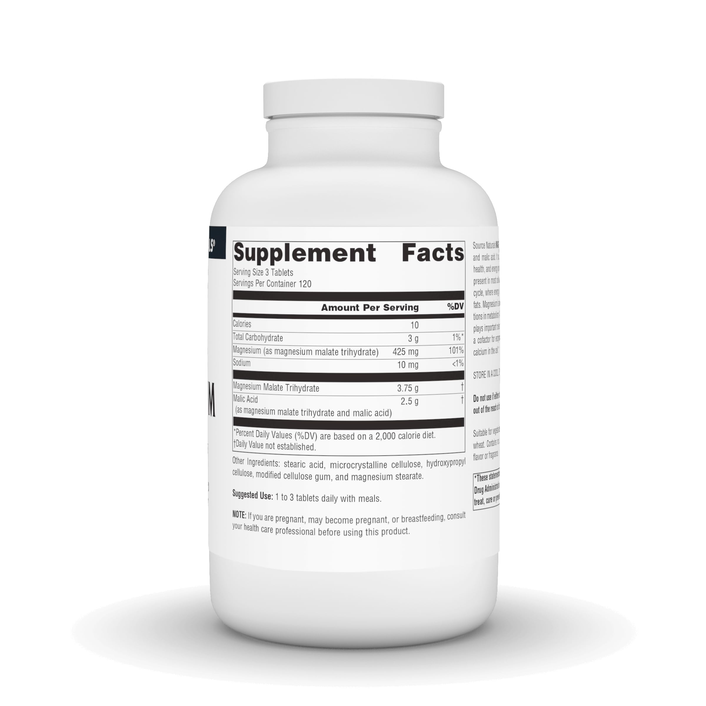 Source Naturals Magnesium Malate capsules closeup highlighting easy-to-swallow capsules for muscle function