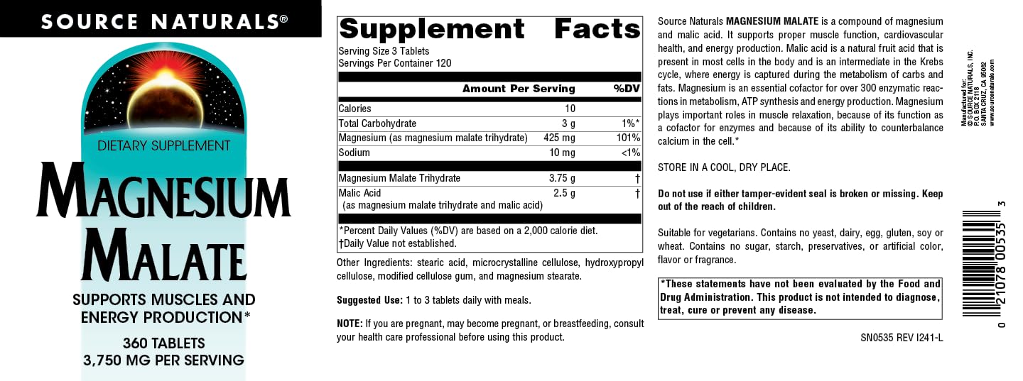Source Naturals Magnesium Malate packaging on shelf communicates vegetarian and allergen-free features