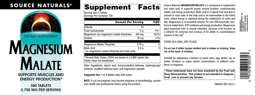 Source Naturals Magnesium Malate packaging on shelf communicates vegetarian and allergen-free features