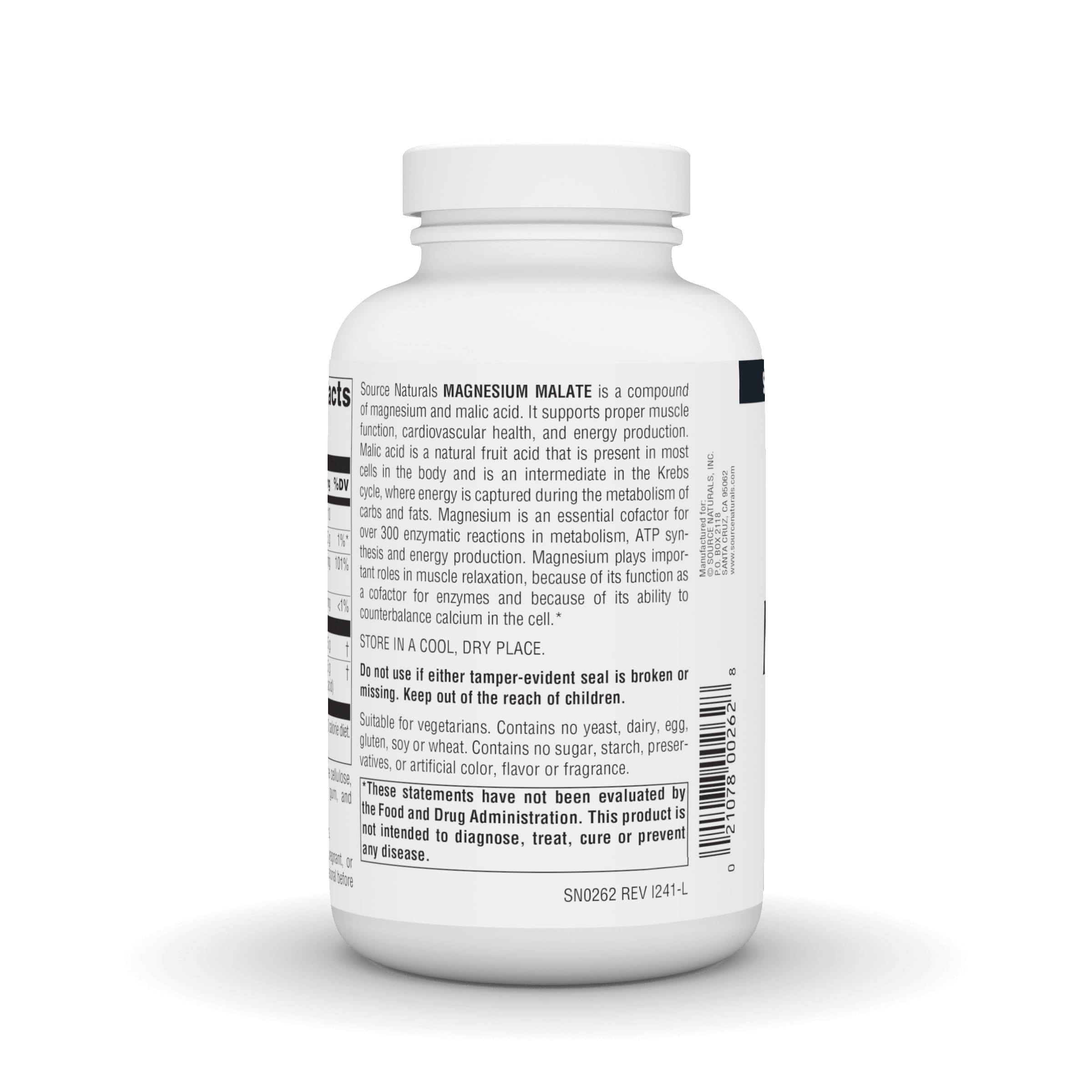 Close-up of Source Naturals Magnesium Malate tablets highlighting easy-to-swallow form.