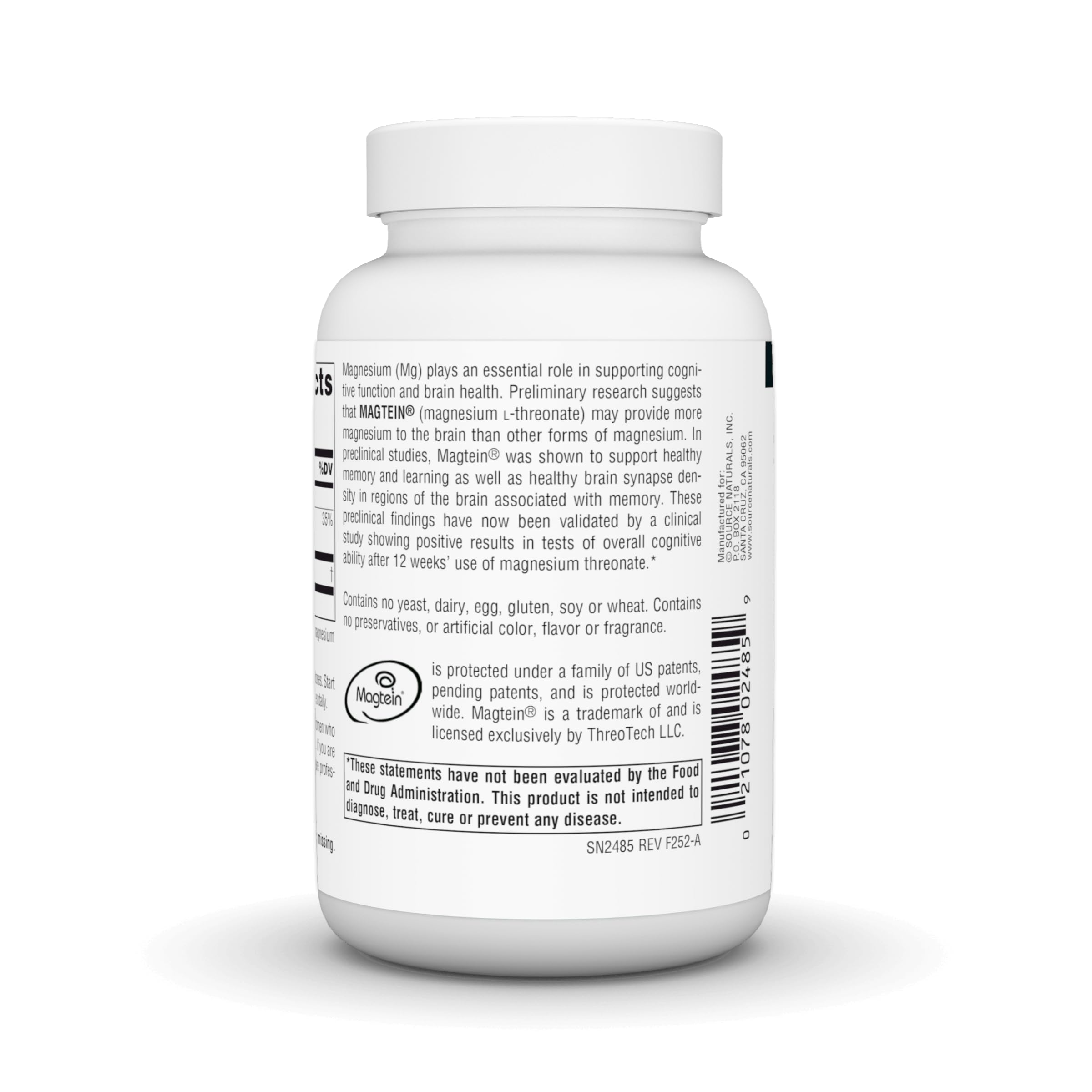 Source Naturals Magtein bottle pour, illustrating easy daily dosing for brain health.