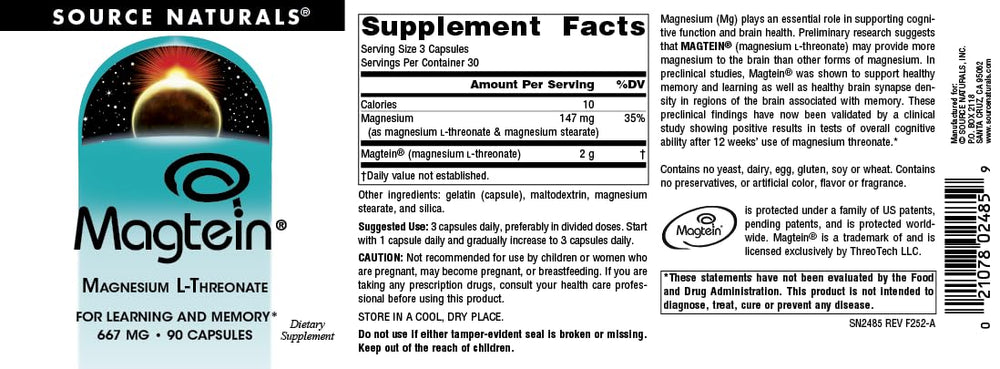 Source Naturals Magtein label details, noting magnesium L-threonate as a distinctive form.