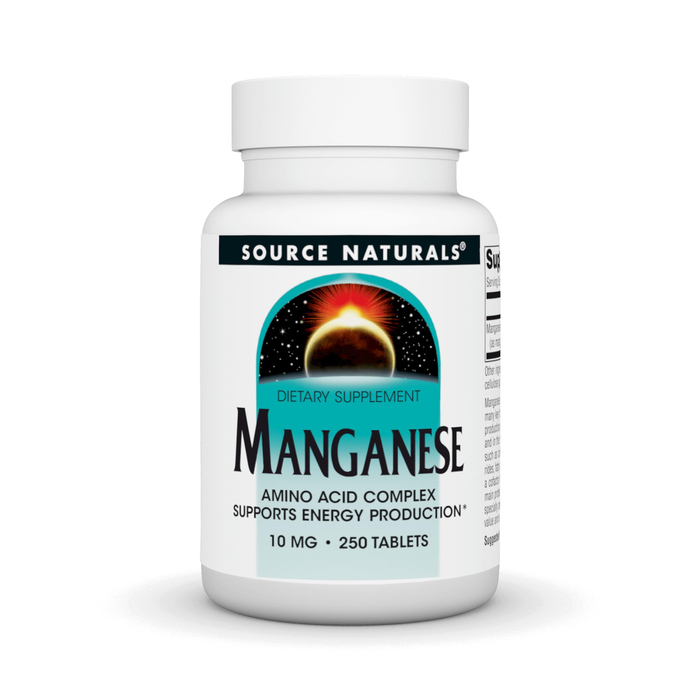 Source Naturals manganeso aminoácido quelato, frasco de 250 tabletas para energía y desarrollo óseo.