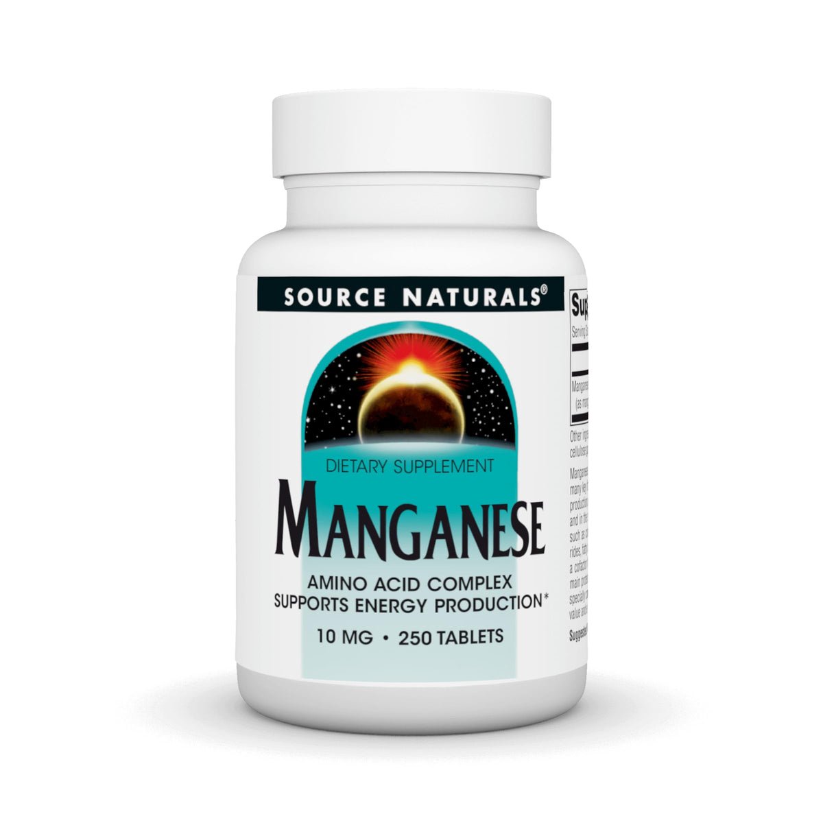 Source Naturals manganeso aminoácido quelato, frasco de 250 tabletas para energía y desarrollo óseo.