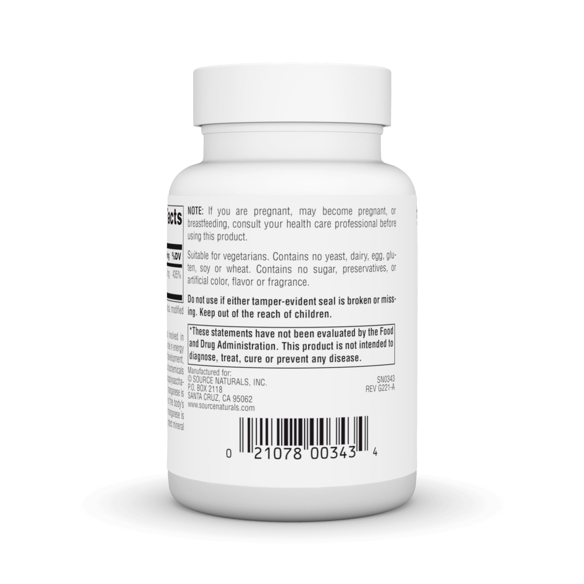Tabletas blancas de Source Naturals manganeso para consumo diario.