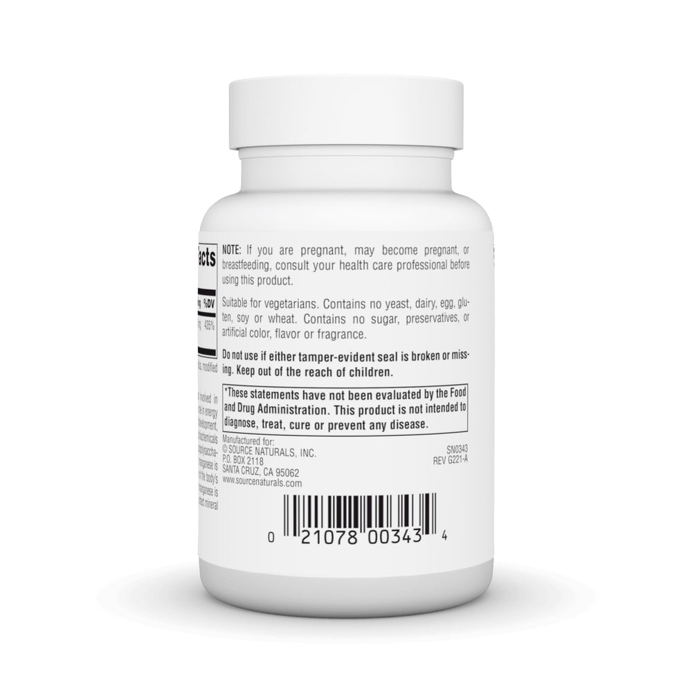 Tabletas blancas de Source Naturals manganeso para consumo diario.