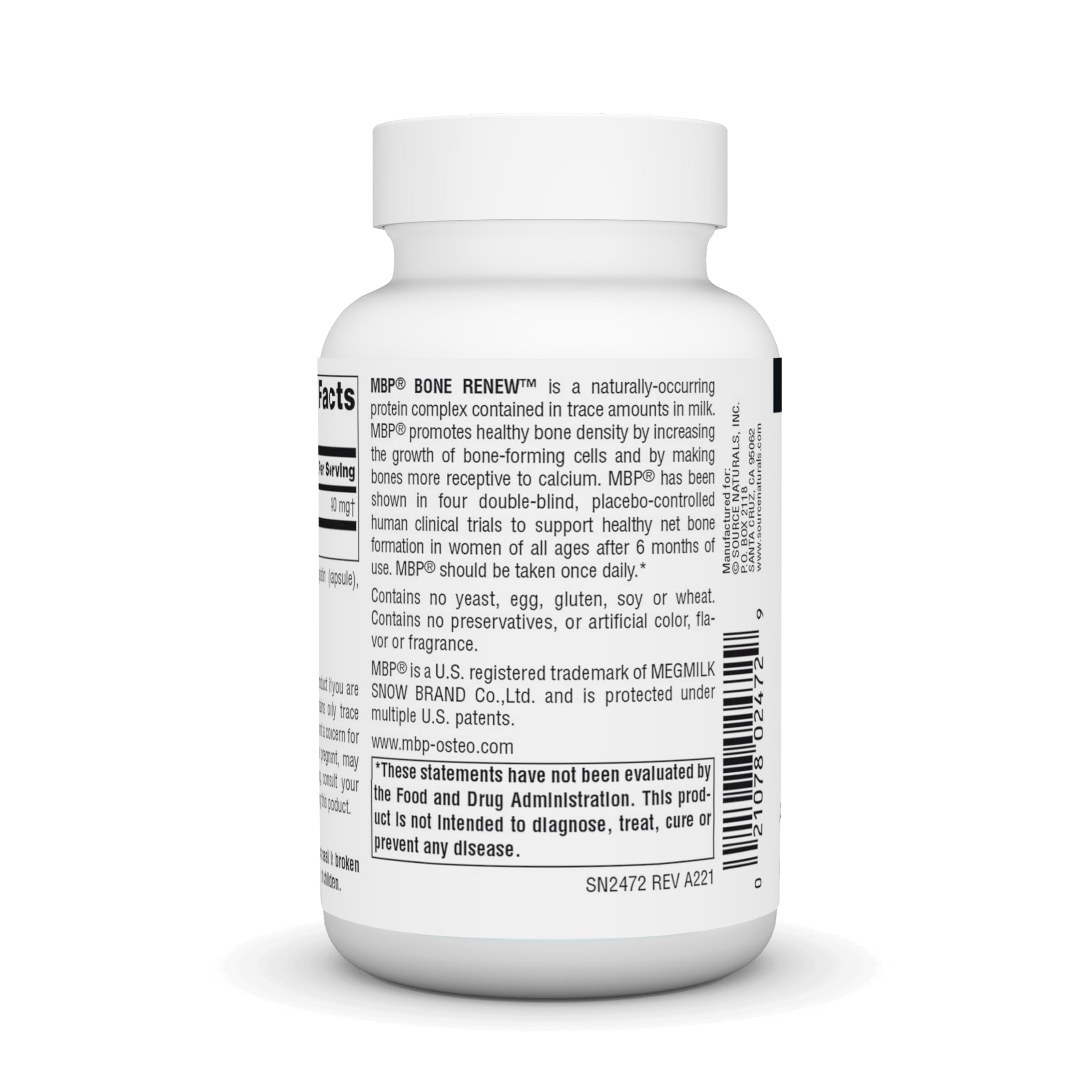 Source Naturals MBP Bone Renew label highlights the milk protein complex for calcium uptake.