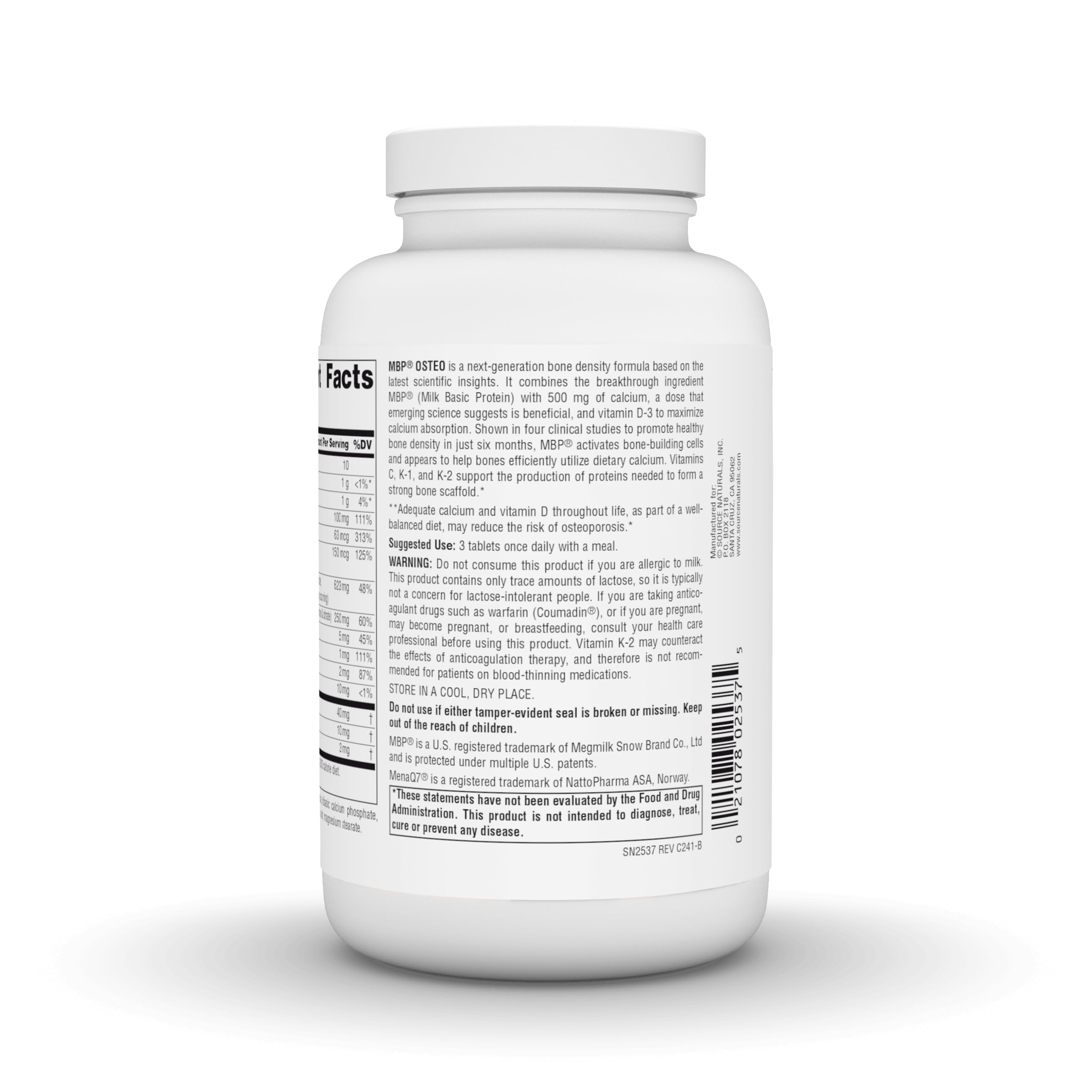 Source Naturals MBP Osteo calcium portion illustrating 500 mg daily intake.