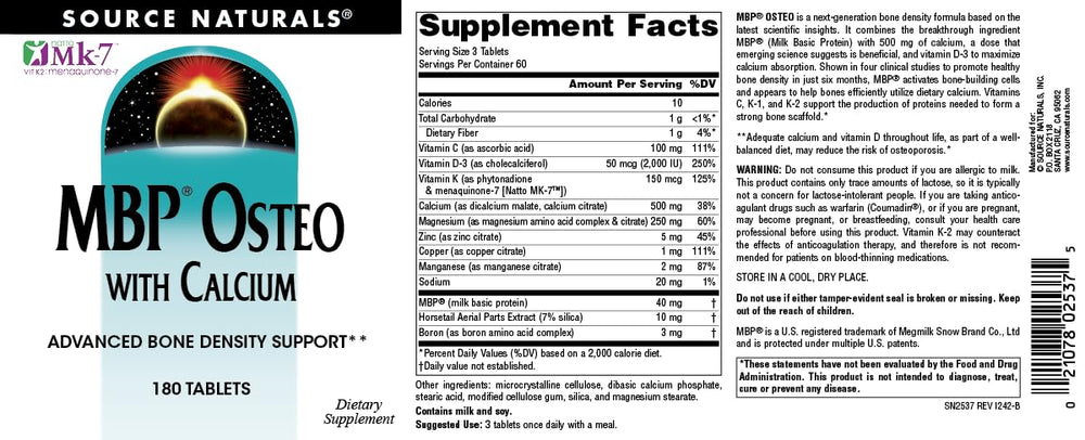 Source Naturals MBP Osteo Milk Basic Protein ingredient highlighted for potential bone support.