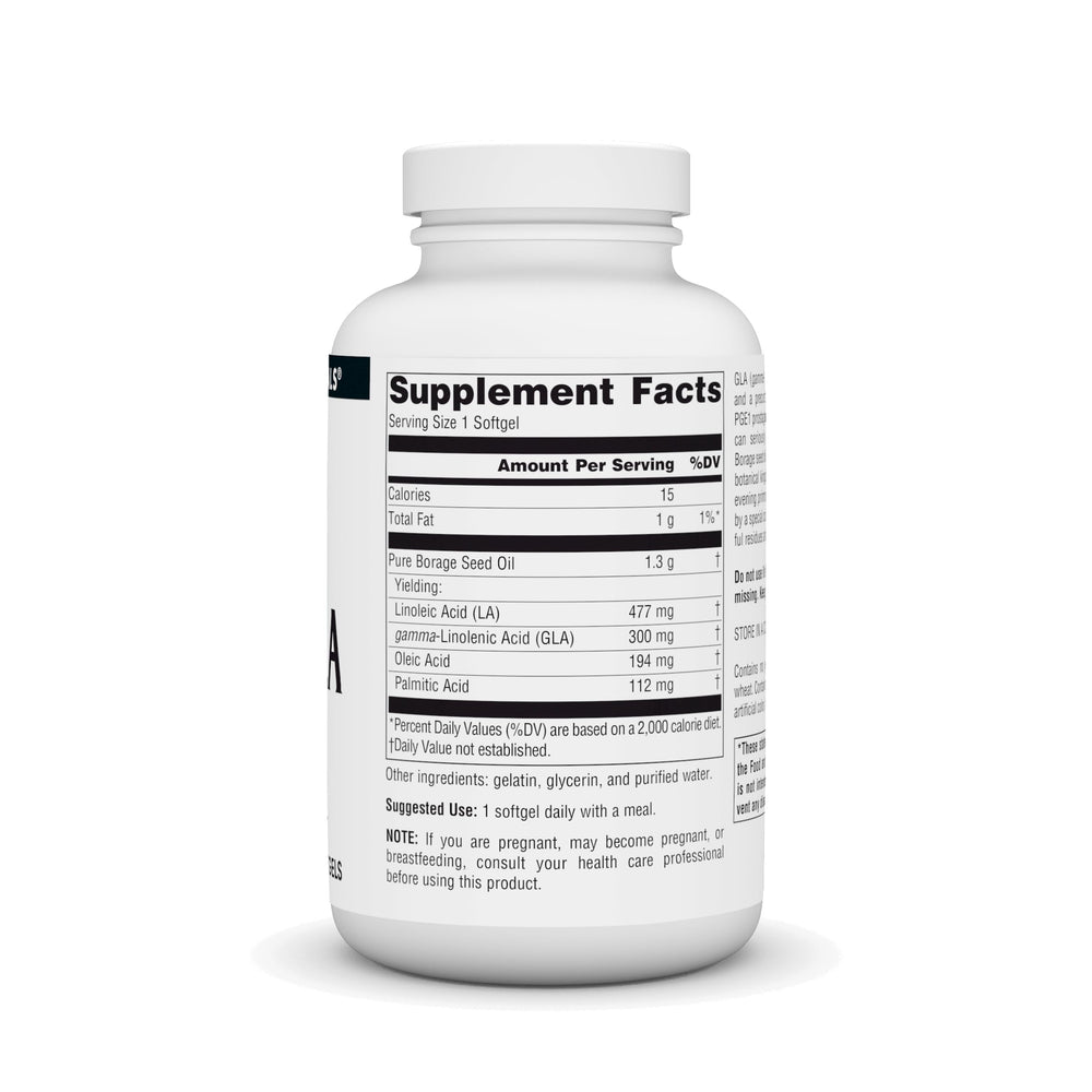 Source Naturals Mega-GLA 300 softgels close-up emphasizes easy-to-swallow capsules