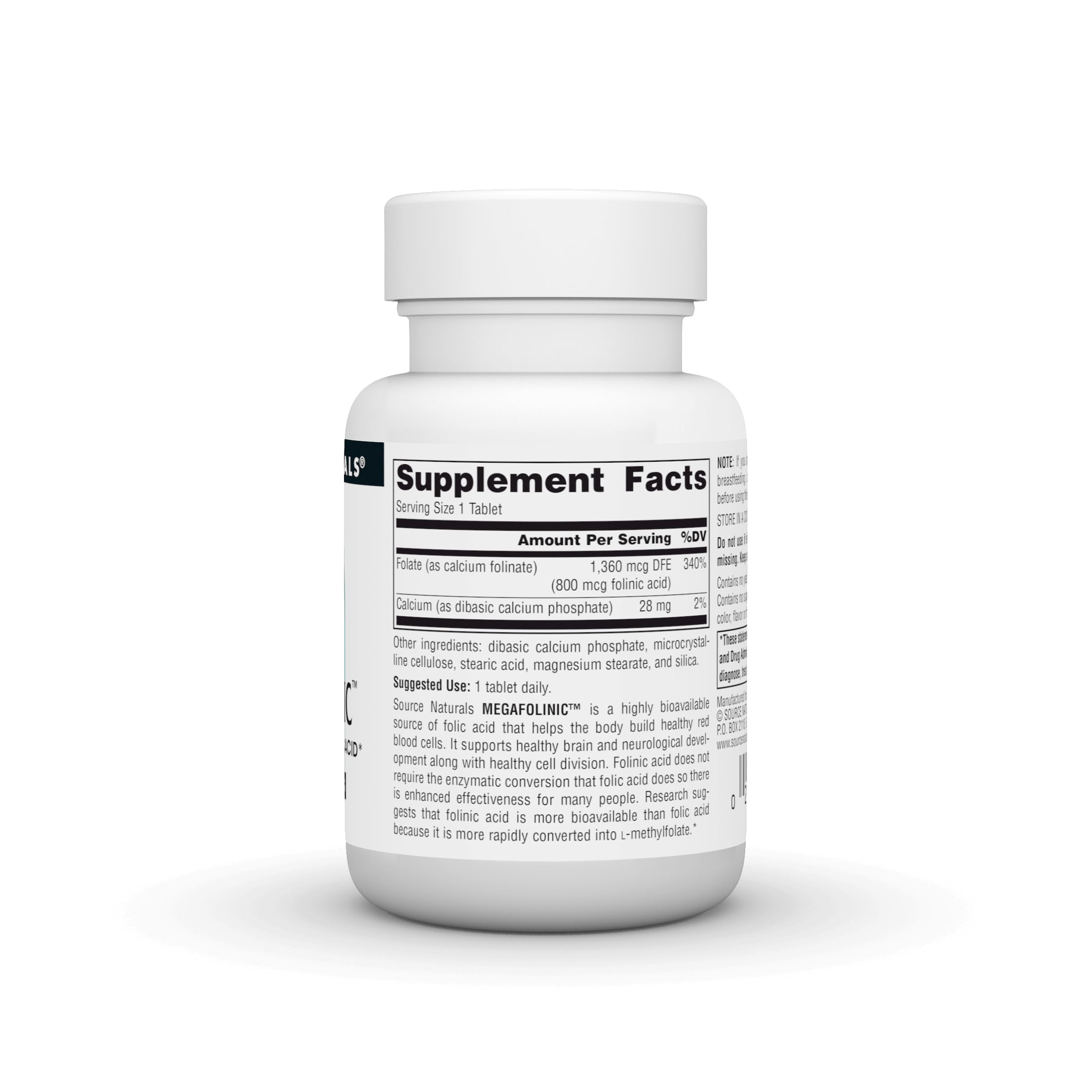 Close-up of the MegaFolinic bottle label highlighting 800 mcg per tablet.