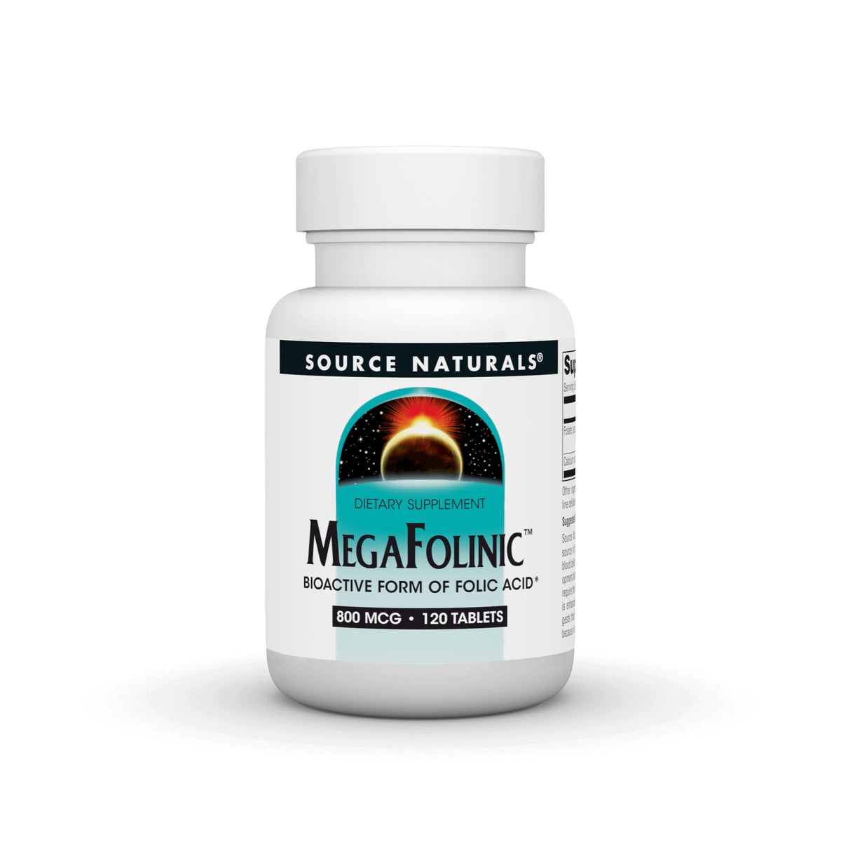 Source Naturals MegaFolinic tablets front view showing a compact daily dose.