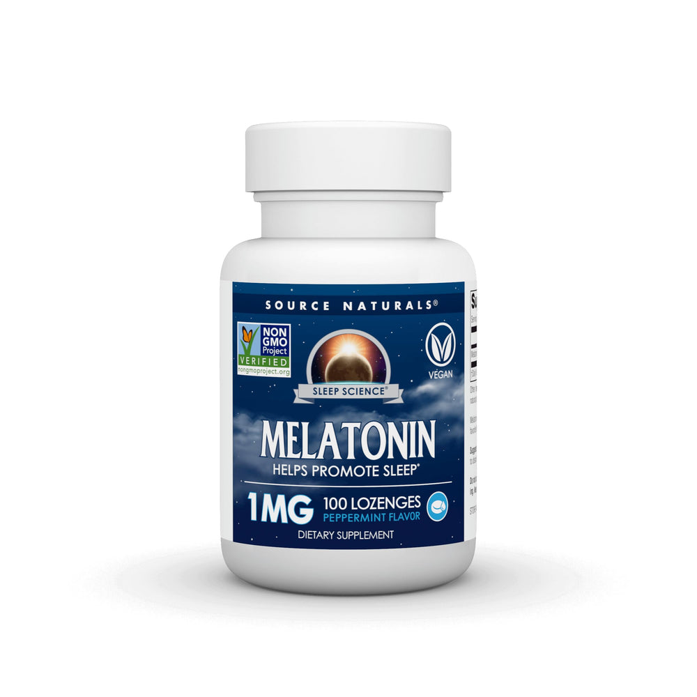 Source Naturals Melatonin 1 mg lozenges peppermint bottle for restful nights.
