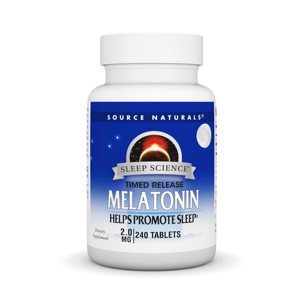 Source Naturals Melatonin 2 mg tablets in bottle, supports restful sleep