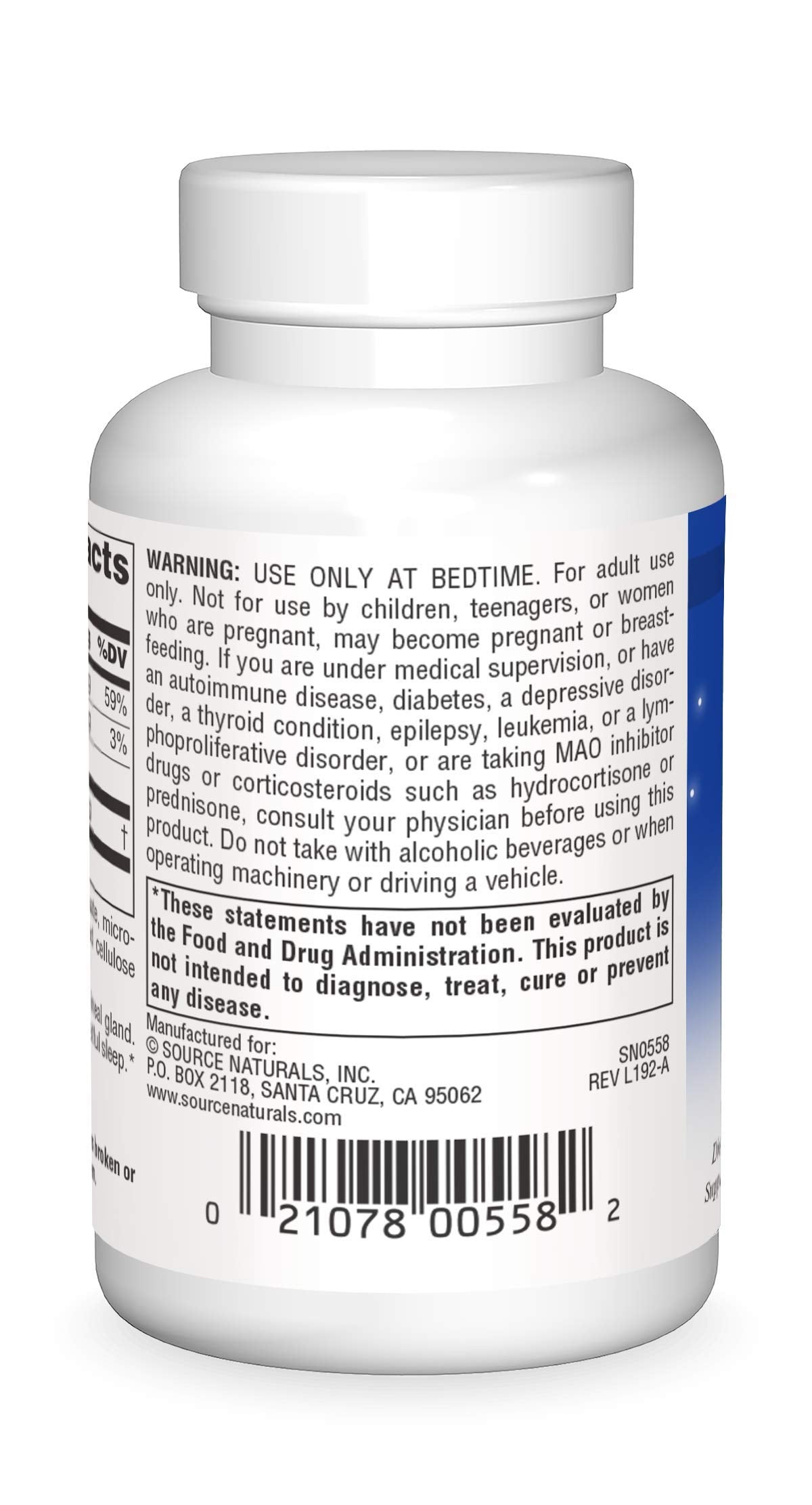Source Naturals melatonin 5 mg bottle back label with dosage info