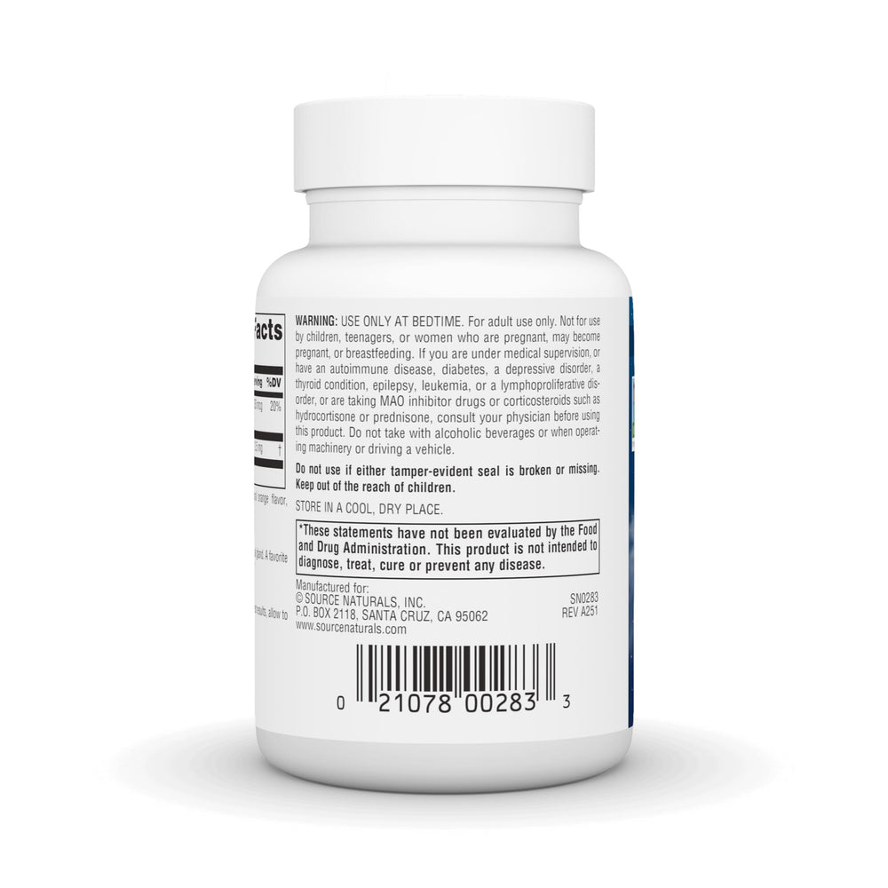 Back label of Source Naturals melatonin bottle with dosage and ingredients