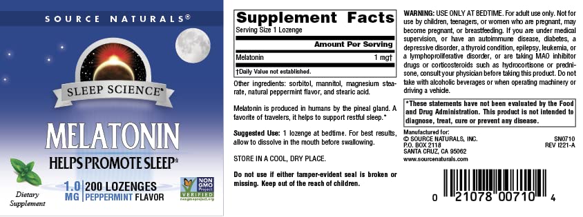 Source Naturals melatonin bottle labeled USA-made under cGMP.