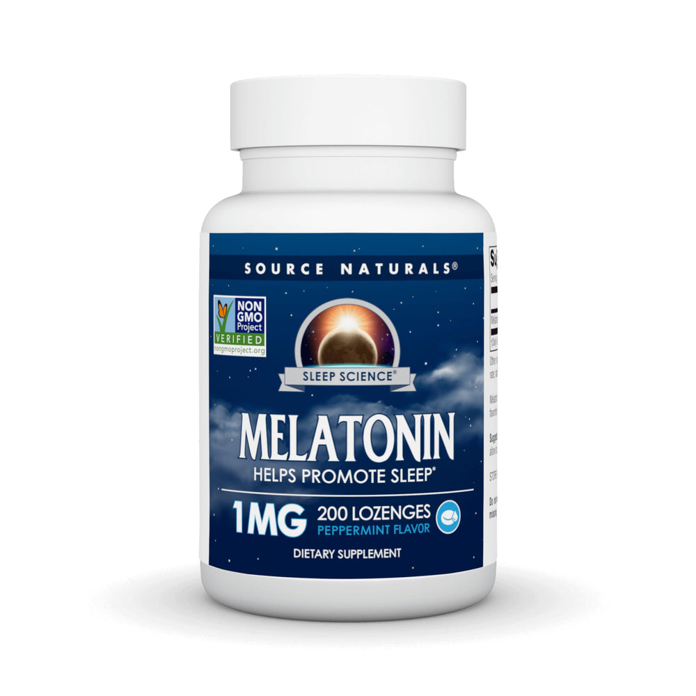 Source Naturals melatonin lozenge peppermint bottle on display for nighttime support.