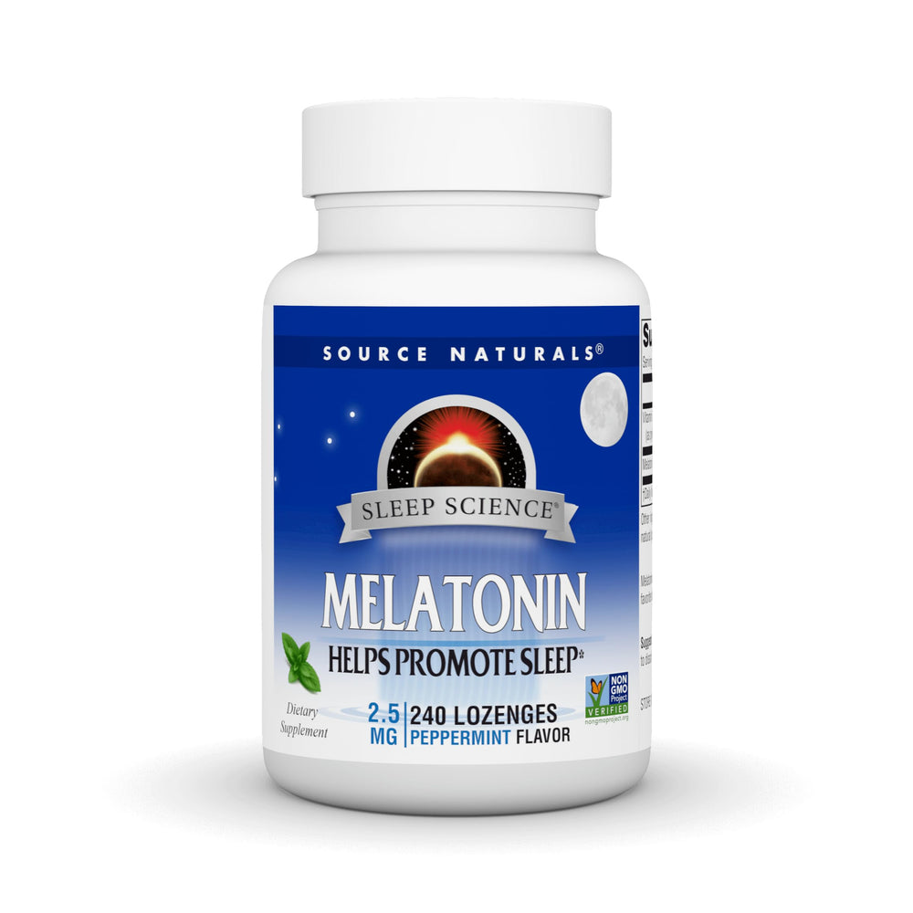 Source Naturals melatonin lozenge peppermint packaging showing 2.5 mg dose