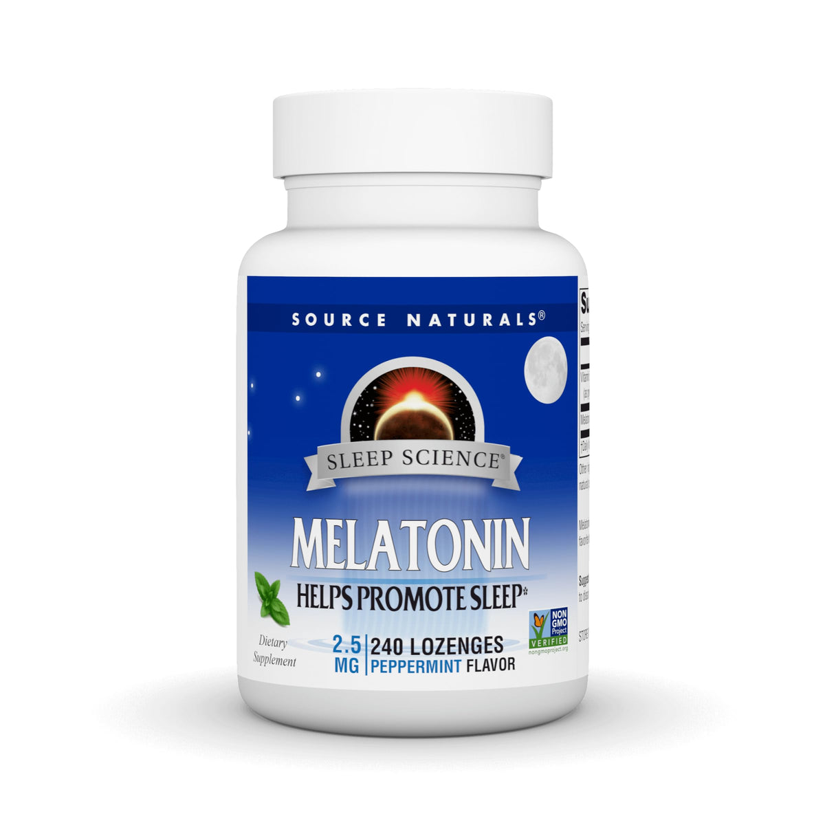 Source Naturals melatonin lozenge peppermint packaging showing 2.5 mg dose