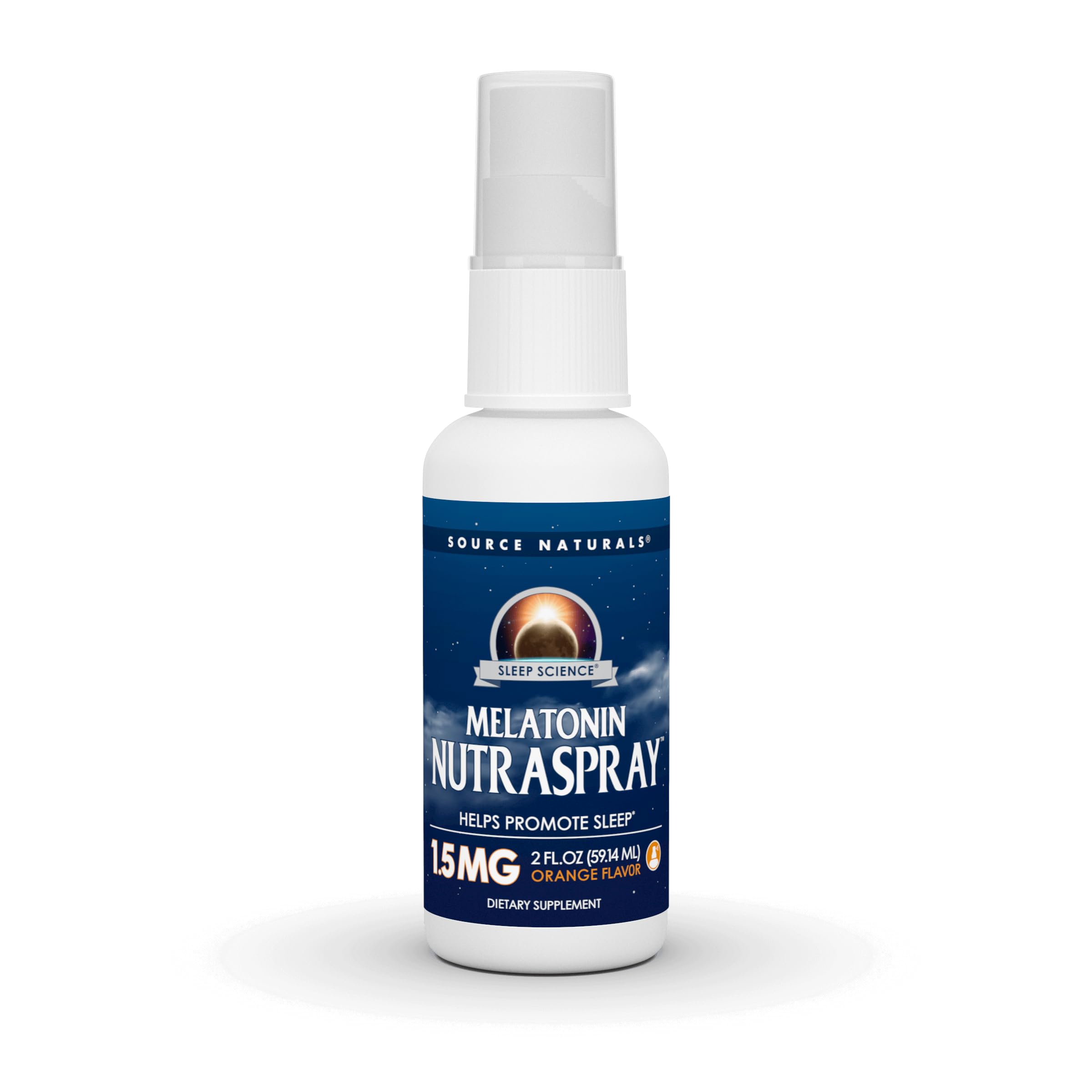 Source Naturals Melatonin NutraSpray orange bottle ready for convenient nightly use.