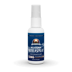 Source Naturals Melatonin NutraSpray orange bottle ready for convenient nightly use.