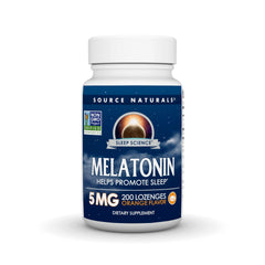 Source Naturals Melatonin orange lozenge bottle highlights orange flavor and sleep support.