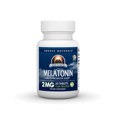 Source Naturals Melatonin tablets in a bottle closeup for easy bedtime support.