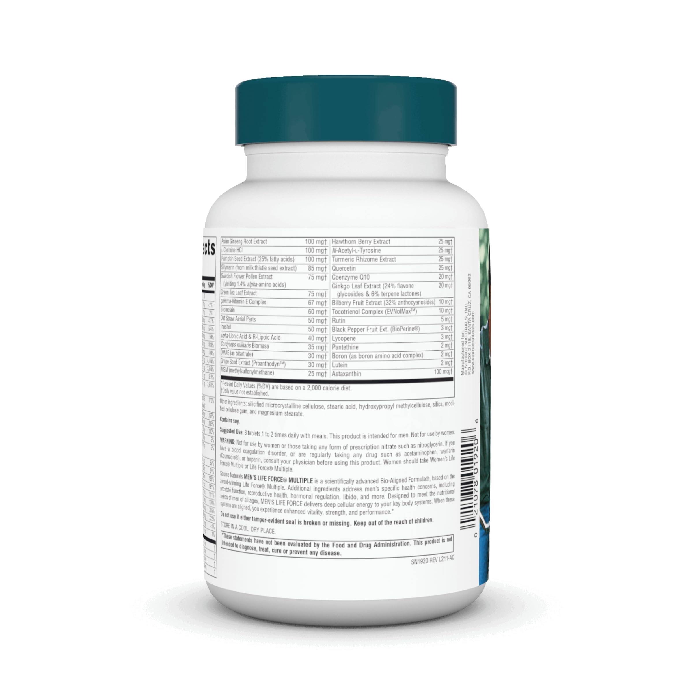 Source Naturals Men's Life Force bottle on table for convenient daily use