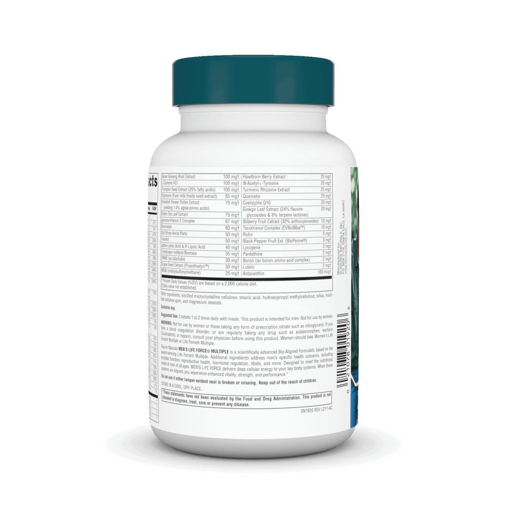 Source Naturals Men's Life Force bottle on table for convenient daily use